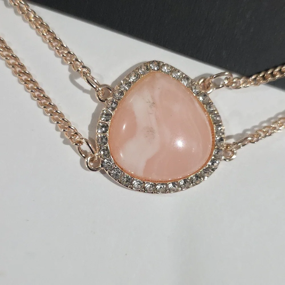 Rose Gold tone & Peach Stone Pendant Necklace & Matching Earrings Jewelry Set